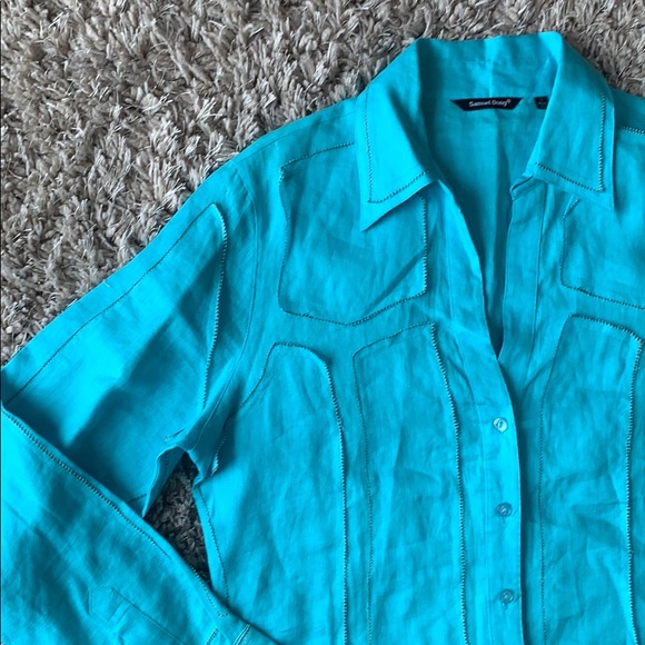 SAMUEL DONG 100% Linen Button Down Teal Top - Picture 3 of 16